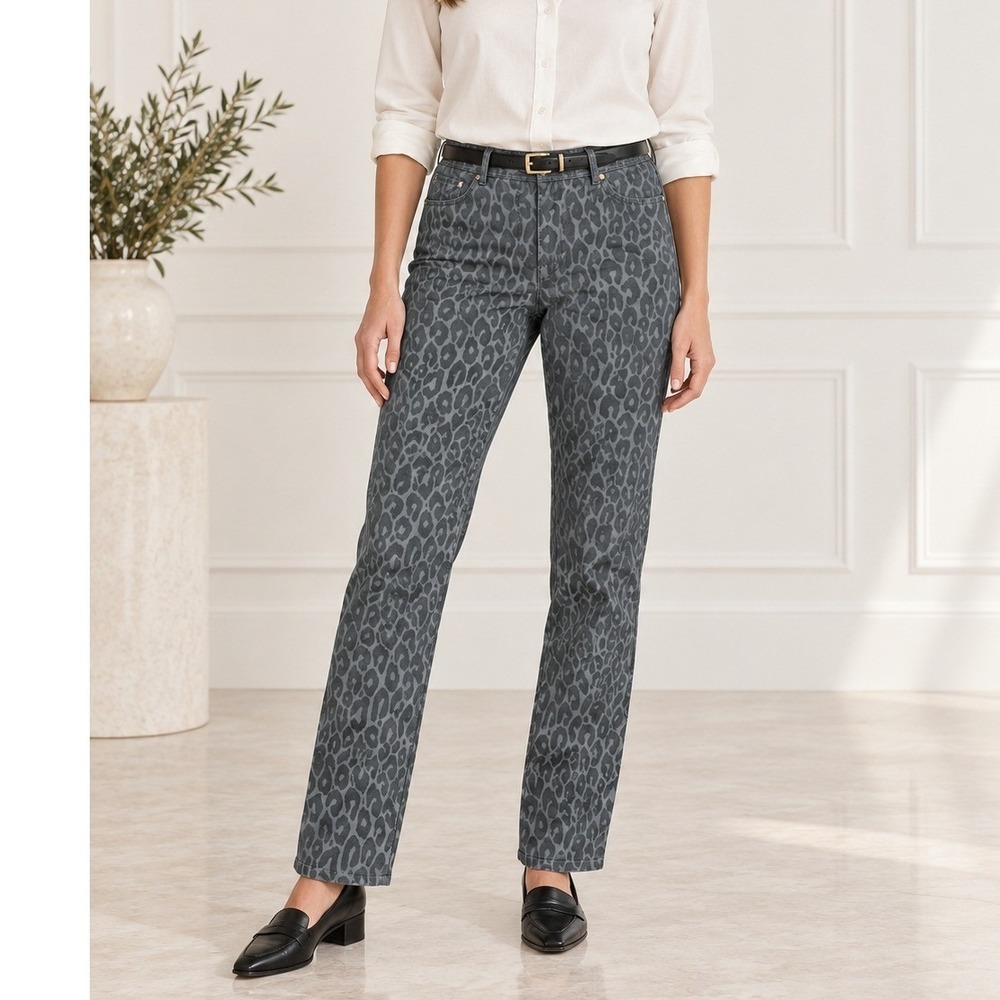 Worth New York 6 Pants Grey Leopard Print Stretch Straight Leg Tonal Casual Chic